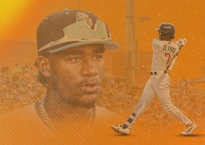 Close-up portrait of baseball player De Vries overlaid with a full-swing action shot against an orange background.