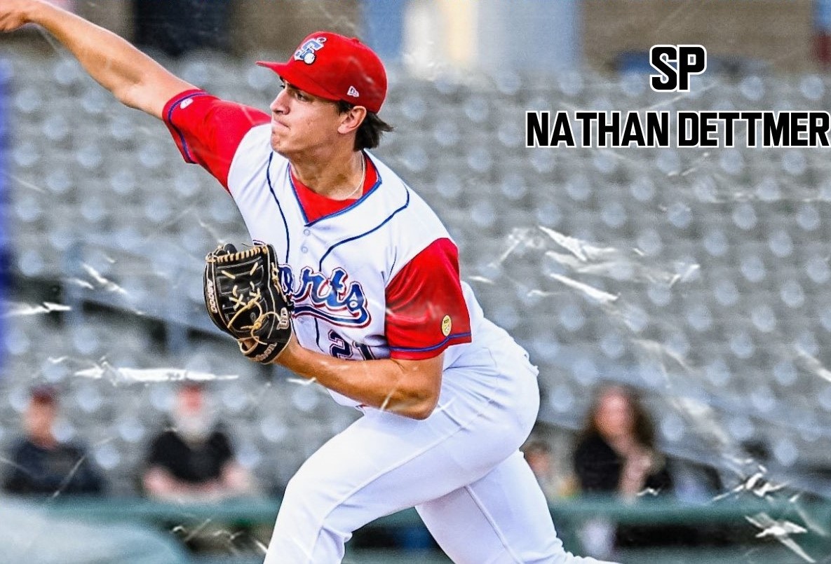Baseball pitcher in a white and red uniform throwing a pitch, with 'SP NATHAN DETTMER' text in the top right.