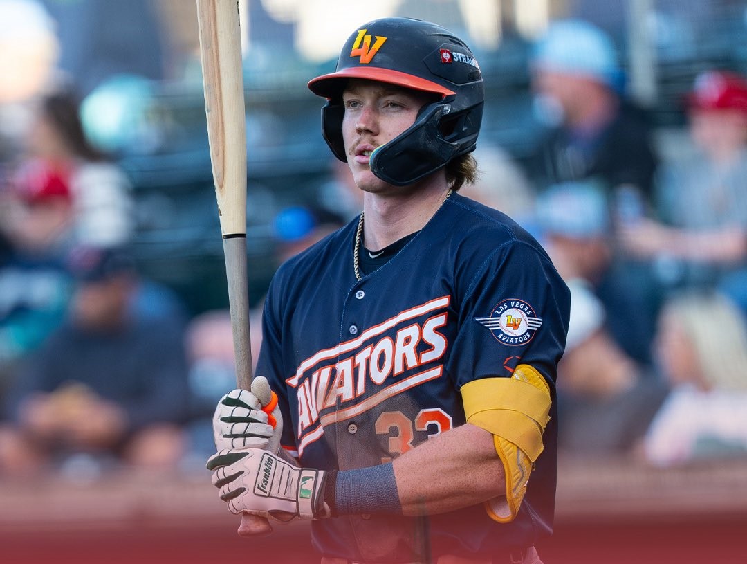 Baseball player from the Las Vegas Aviators stands at the plate, helmet on, gripping a bat ready to swing.