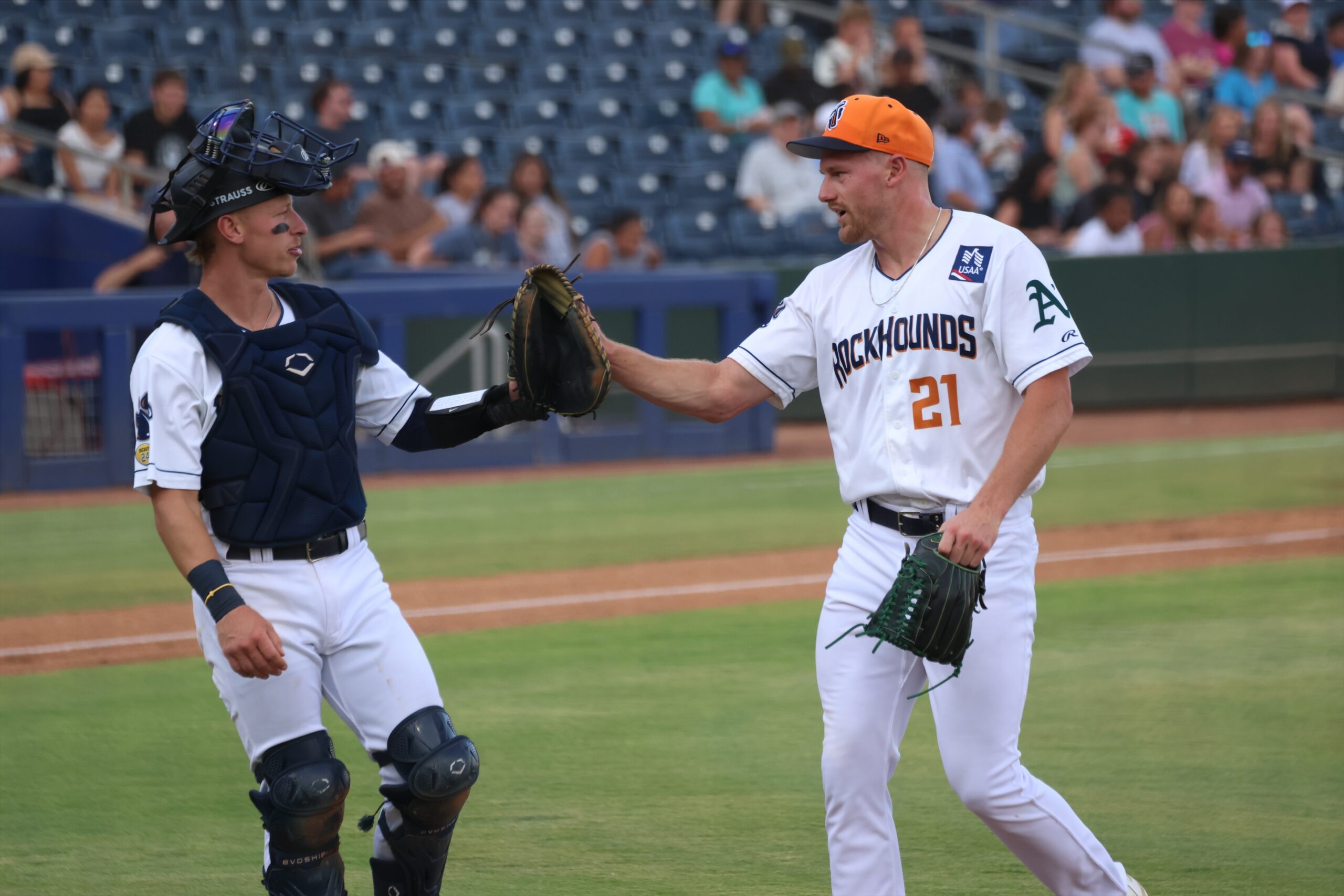 Baseball catcher and a RockHounds player high-fiving on the infield with spectators in the stands behind them.